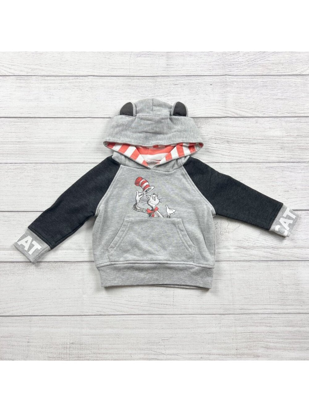 Dr Seuss Baby Hoodie Cat In The Hat Graphic Gray Black Ears 9-12 Months